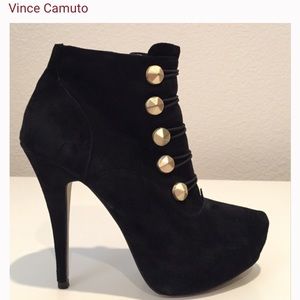Vince Camuto Black Suede Booties with Gold Buttons